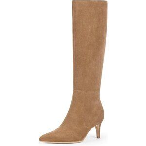 Women's Tan Suede Tall Boots Pointed Toe Kitten Heel Side Zipper Knee High Boots
